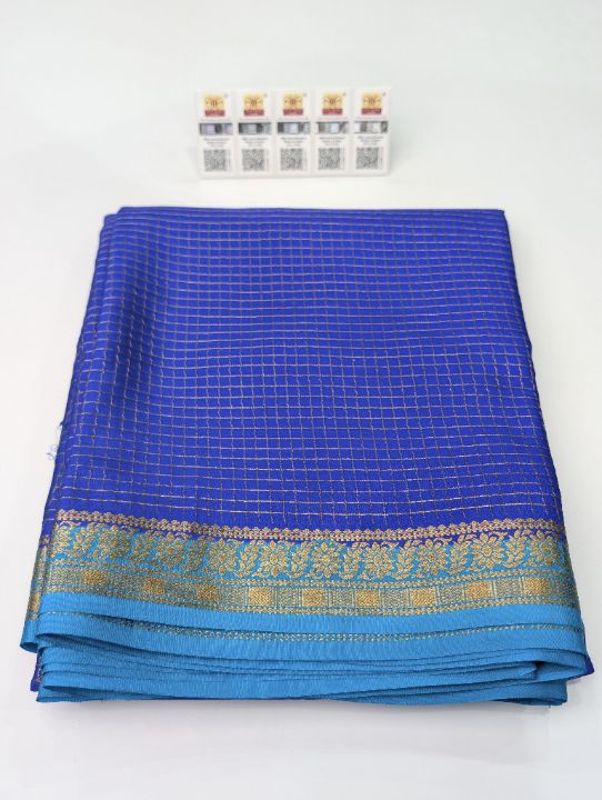 Royal blue Mysore Crepe · Small Checks SS-140-011 — pure Mysore crepe silk saree