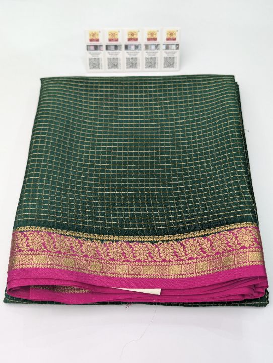 Bottle green Mysore Crepe · Small Checks SS-140-012 — pure Mysore crepe silk saree