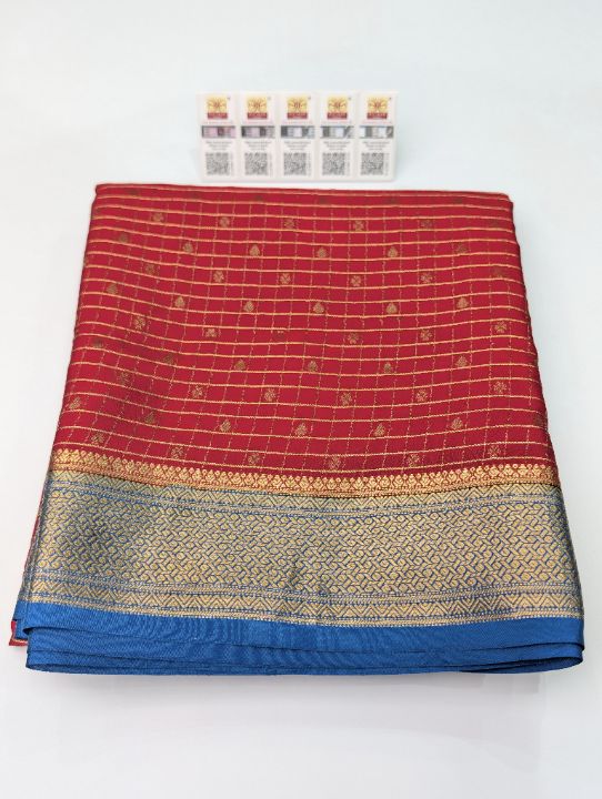 Red Mysore Crepe · Small Checks with Butta SSB-140-036 — pure Mysore crepe silk saree