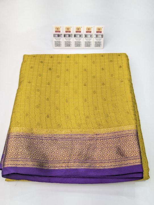Mustard yellow Mysore Crepe · Small Checks with Butta SSB-140-037 — pure Mysore crepe silk saree