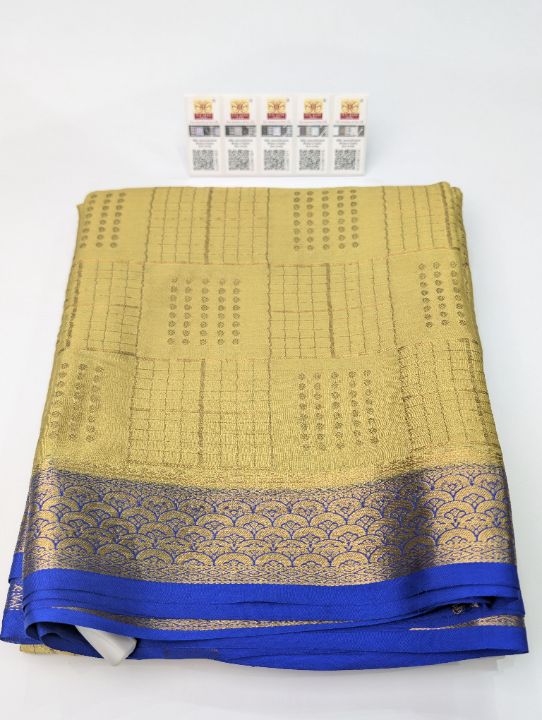 Light mustard Mysore Crepe · Checks and Butta SSB-150-018 — pure Mysore crepe silk saree